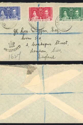 Falkland Is SG143/5 1937 Coronation on a registered cover
