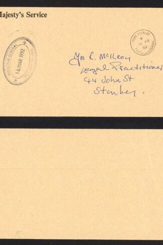 Falkland Is OHMS Registered General Post Paid Cover