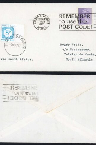 Tristan Da Cunha 1977 cover from the UK with 5p post due applied