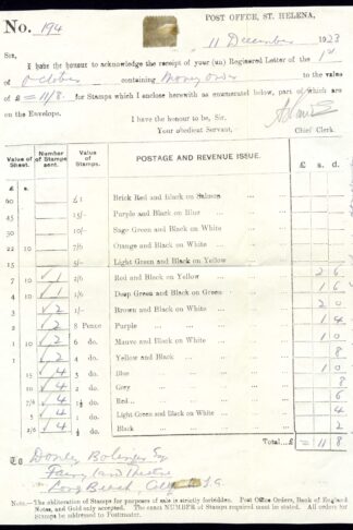 St Helena 1923 Official Receipt for postage stamps