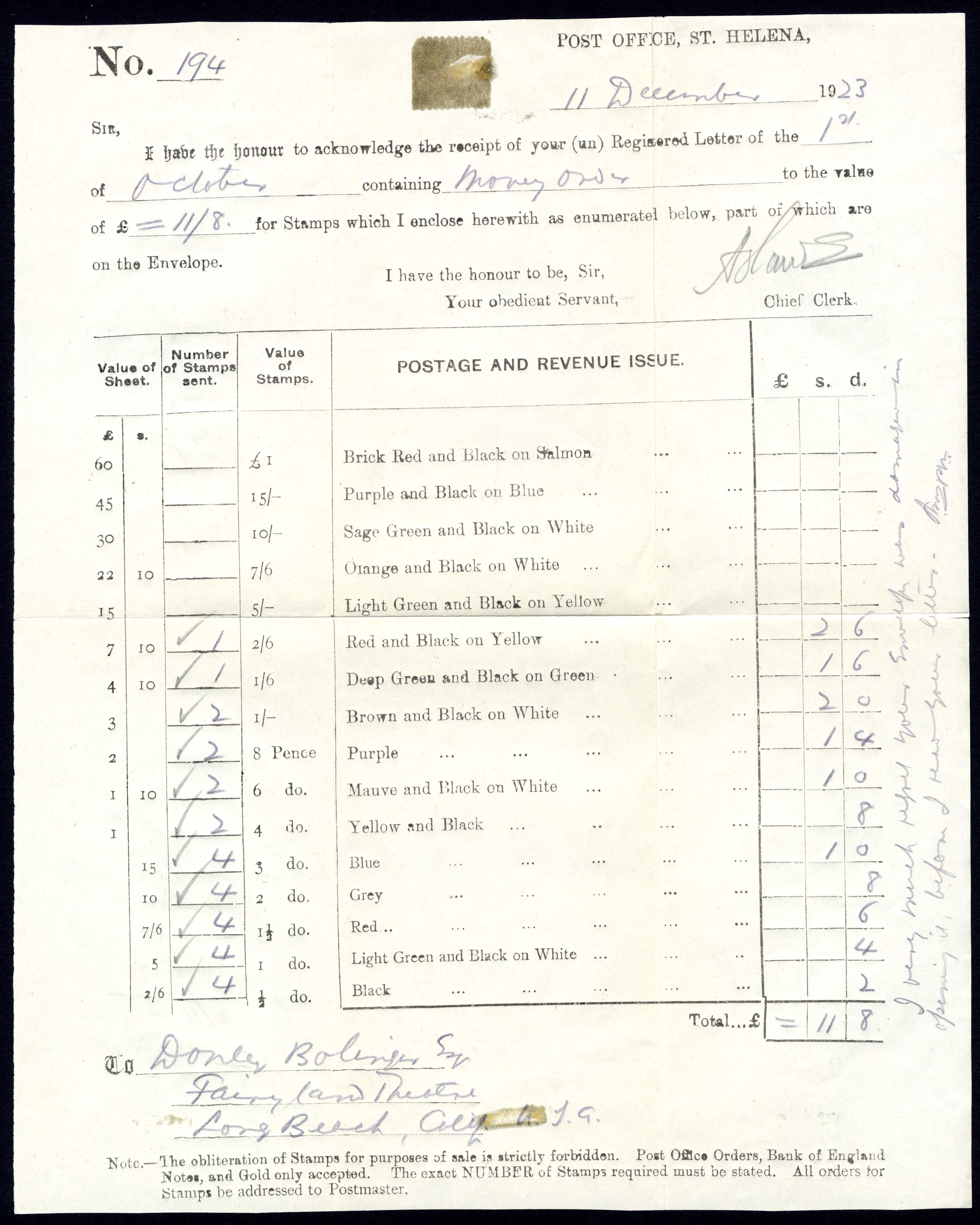 St Helena 1923 Official Receipt for postage stamps