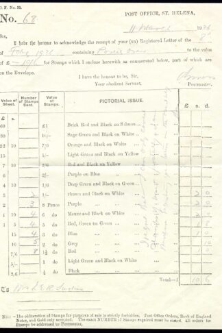 St Helena 1936 Official Receipt for postage stamps