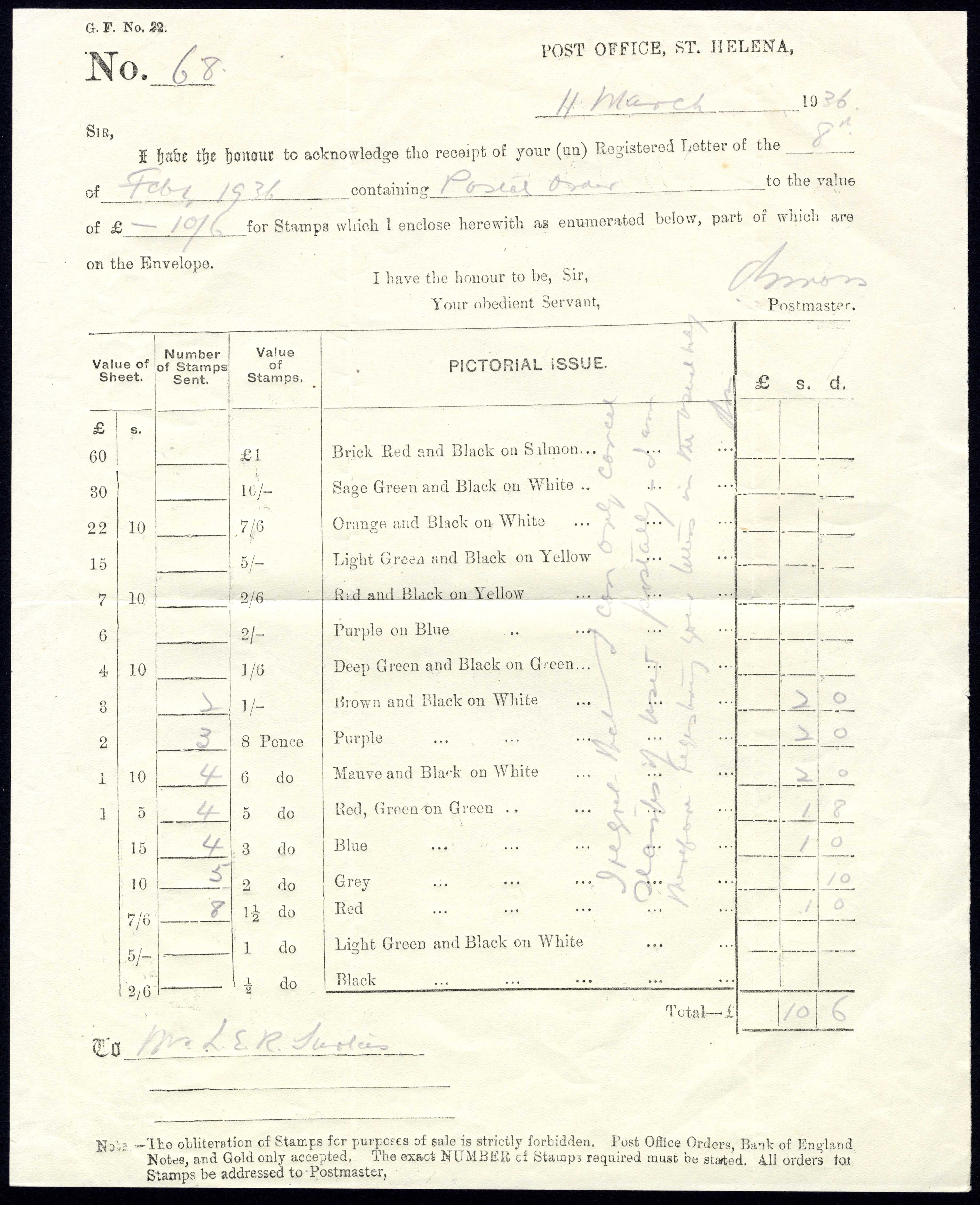 St Helena 1936 Official Receipt for postage stamps