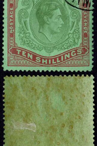 Bermuda SG119b 10/- Yellow green and carmine/green Line Perf 14.25 Cat 120 pound