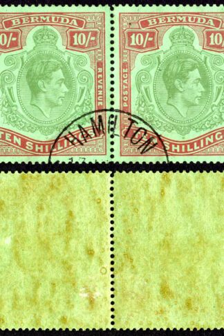 Bermuda SG119b 10/- Yellow green and carmine/green Line Perf 14.25 Cat 240 pound