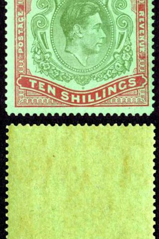 Bermuda SG119b 10/- Yellow green and carmine/green Line Perf 14.25 U/M Cat 900