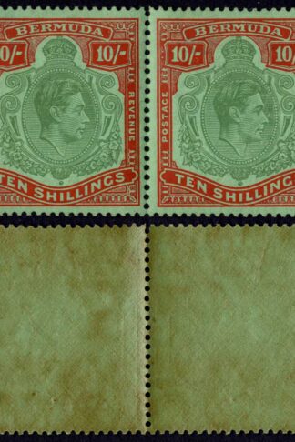Bermuda SG119e 10/- Green and Vermilion/green Perf 13 U/M Cat 70 pounds