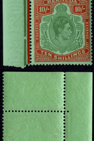 Bermuda SG119e 10/- Green and Vermilion/green Perf 13 U/M Cat 35 pounds