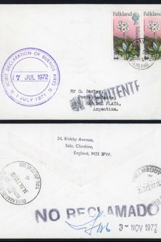 Falkland Is 1973 Fox Bay to Argentina no Reclamado handstamp