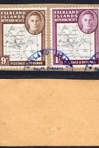 Falkland Is Dep Heijtz 51g2 9d and 52g4 1/- THIN Map Varieties on piece