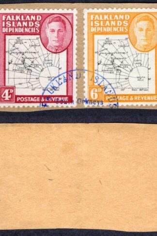 Falkland Is Dep Heijtz 49g14 4d THIN Map and 50g10 6d on piece with varieties