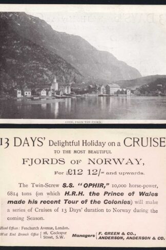 Card advertising Norwegian cruises aboard the SS Ophir