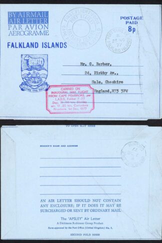 Falkland Is First Flight from Cape Pembroke on 8p Airletter