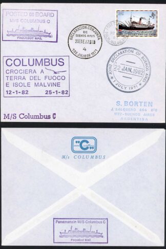 Falkland Is 1982 Posted on Board MS Columbus cover to Argentina