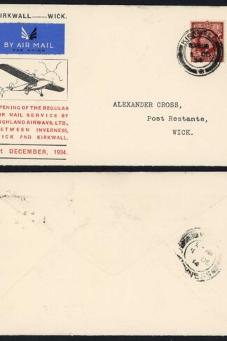 2nd December 1934 Illustrated First Flight cover Kirkwall to Wick1st December 1