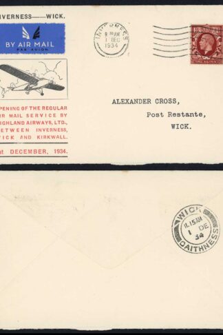 1st December 1934 Illustrated First Flight cover Inverness to Wick 1st December