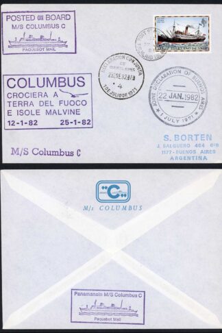 Falkland Is 1982 Posted on Board MS Columbus cover to Argentina