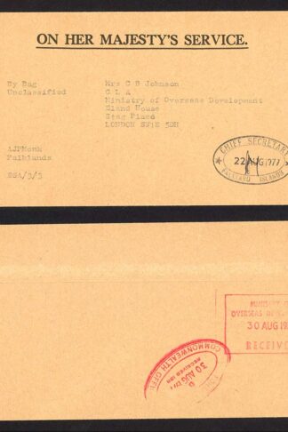 Falkland Is 1977 OHMS with Chief Secretary Handstamp sent via unclassified Bag