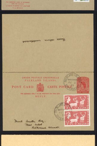 Falkland Is Heijtz P8 1d Reply Card both out and return cards used