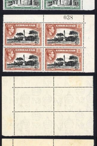 Gibraltar SG127a/8a 1/- and 2/- Perf 13.5 Same Sheet Number Blocks Cat 820+