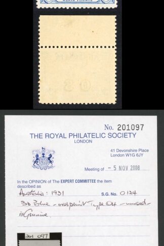 Australia SGO124 3d OS Control number 2 RPS Cert Stamp U/M VERY RARE