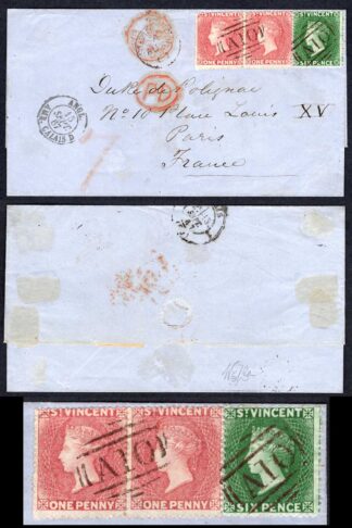 St Vincent SG1 Pair and SG4 on a SUPERB Wrapper to France RARE Ex Charlton Henry