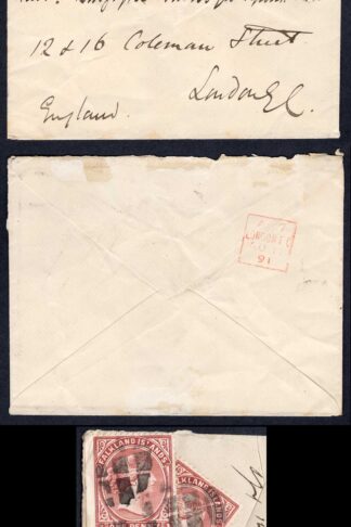 Falkland Islands 1891 SG 8a 2 1/2d rate bisect cover to UK Cat 4000 pounds