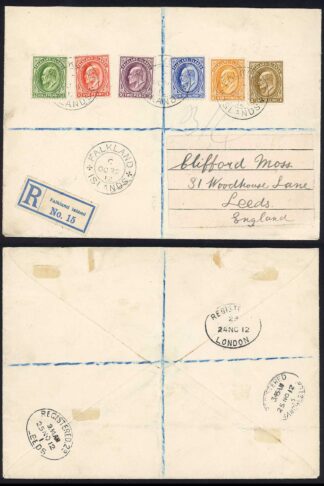 Falkland Is 1912 registered envelope to Leeds bearing SG43/8 1/2d to 1/-