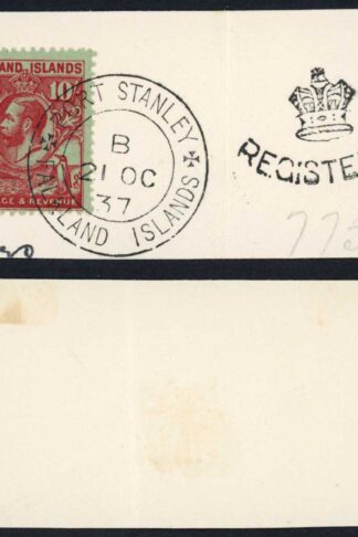Falkland Is SG125 1929 10/- Whale and Penguin on registered piece Cat 300++