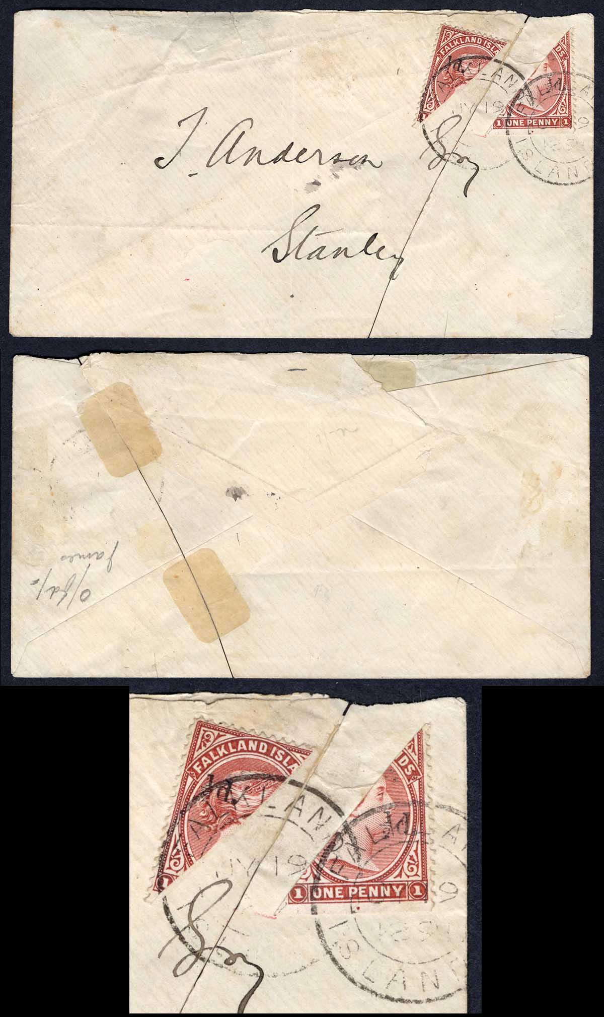 Falkland Islands SG14 1891 cover with two 1/2d bisects