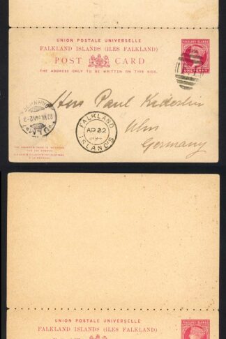 Falkland Is Heijtz P4 QV 1d Reply card used to Germany (Kiderlen)