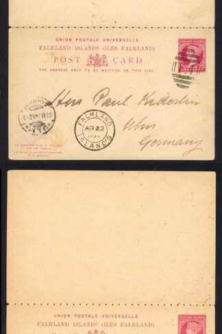 Falkland Is Heijtz P4 QV 1d Reply card used to Germany (Kiderlen)