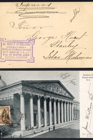 Falkland Is 1905 incoming card of Buenos Aires Cathedral 1/2c stamp on face