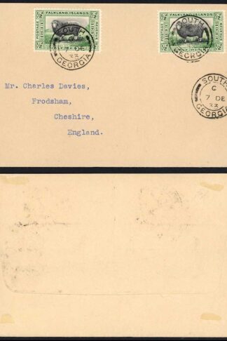Falkland Is South Georgia 1/2d x 2 Centenary on cover to England