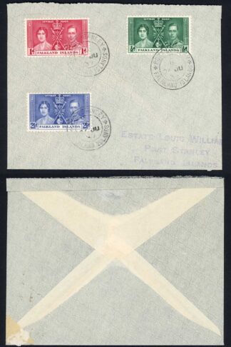 Falkland Is SG143/5 1937 Coronation set on cover (not FDC)