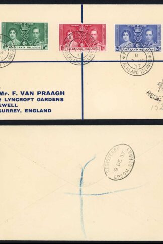 Falkland Is SG143/5 1937 Coronation set on Registered cover (not FDC)