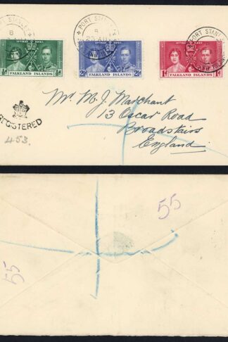 Falkland Is SG143/5 1937 Coronation set on Registered cover (not FDC)
