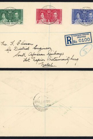 Falkland Is SG143/5 1937 Coronation set on Registered cover (not FDC)