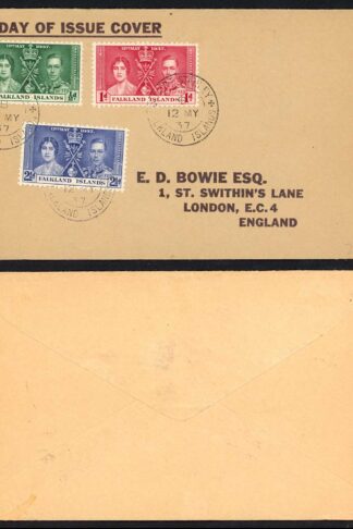 Falkland Is SG143/5 1937 Coronation set on Printed FDC