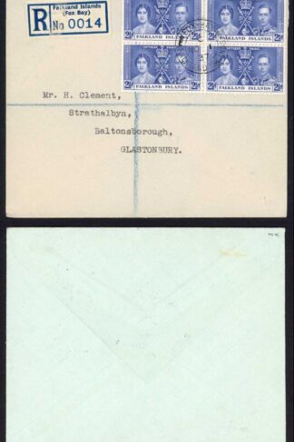 Falkland Is SG143/5 1937 Coronation set in Blocks on Cover (different Pmks)