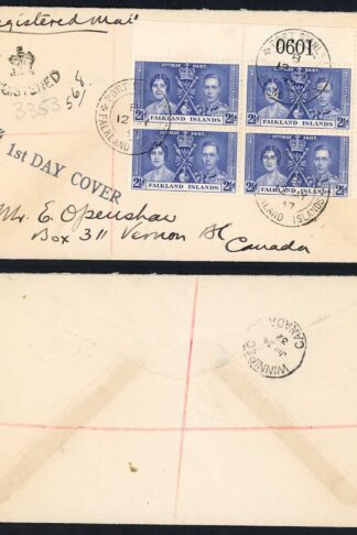 Falkland Is SG145 1937 Coronation 2 1/2d on Registered Printed FDC