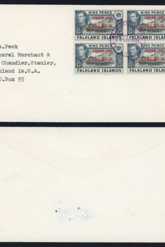 FID SGA7 KGVI 9d Block of 4 opt Graham Land on Cover