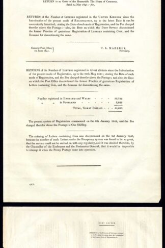 Treasury copy for Post Office orders 21 June 1841 numbers of Registered letters