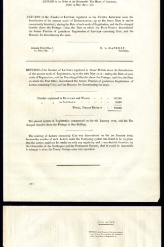 Treasury copy for Post Office orders 21 June 1841 numbers of Registered letters