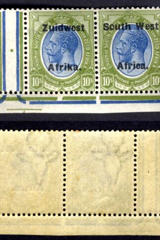 SWA SG39 10/- opt Zuid west (12mm) M/M (faint toning) Marginal Pair Cat 120 pou