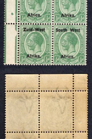 SWA SG1 1/2d Green opt Zuid-west Under inked overprint U/M Marginal Block