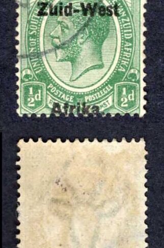SWA SG1 1/2d opt Zuid-west Misplaced overprint in a CDS Strip