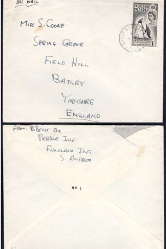 Falkland Is SG192 1/- on Commercial cover to Yorkshire