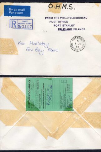 Falkland Is 1983 Registered Cover from the Philatelic Bureau to Fox Bay