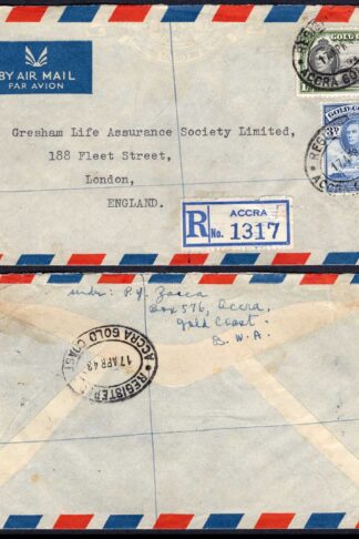 Gold Coast 1947 Registered Cover with KGVI 1/- and 3d